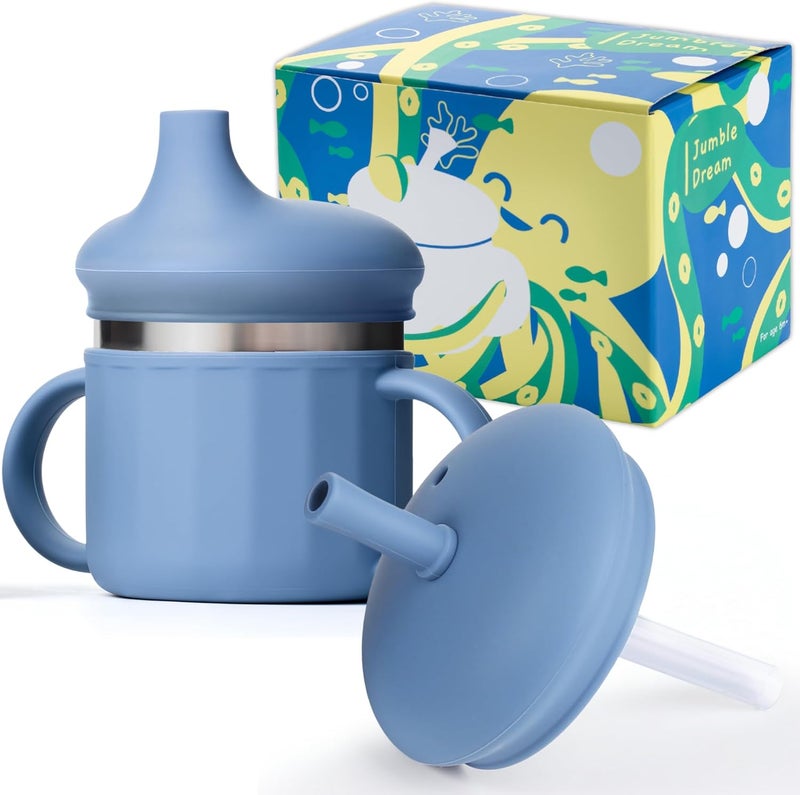 Jumble Dream Stainless Steel Sippyy Cup, Silicon Training Stainless Steel Kids Cups with Straw, Toddler Tumbler with Spill Proof Straw |6 Month Toddler Sippy Cup| BPA Free (Blue Moon) 2025 - Image 1
